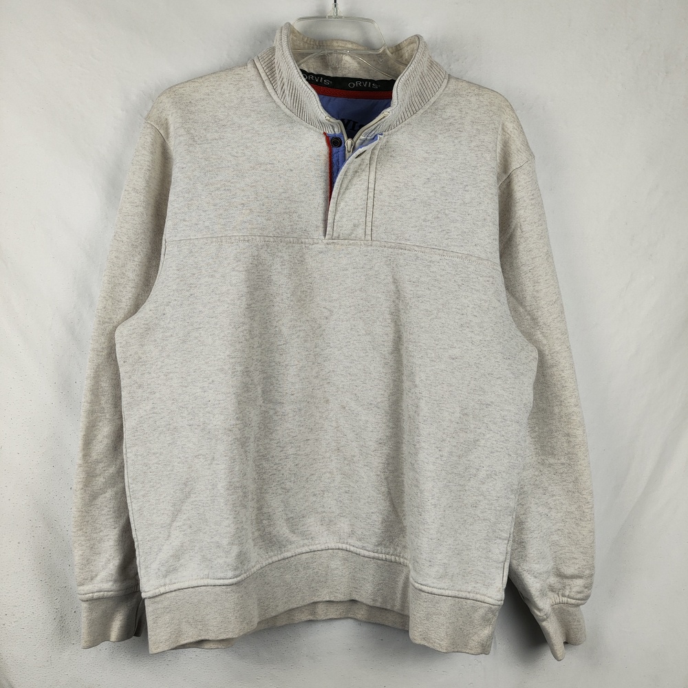 Orvis Sweatshirt Mens Medium Gray Snap Mock Neck Fleece Pullover Kangaroo Pocket